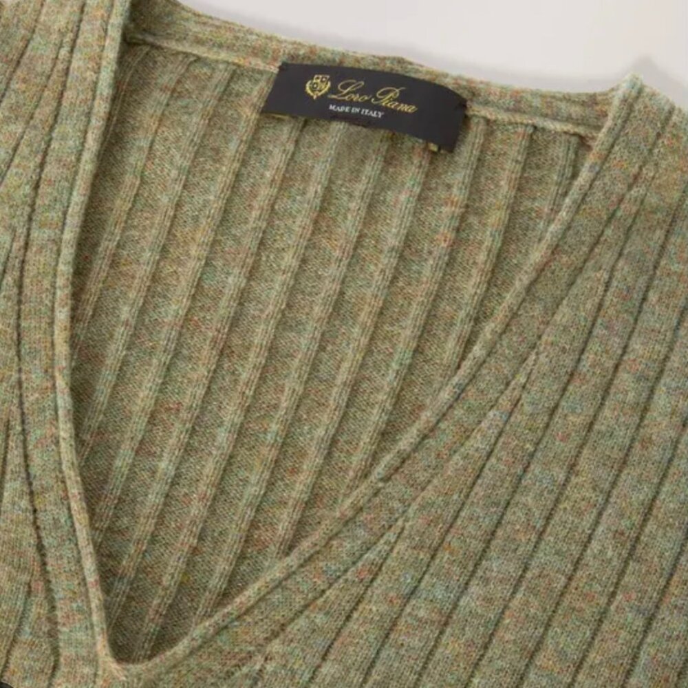 Loro Piana Maras Cashmere V-Neck Sweater in Moss Green - Picture 2 of 5